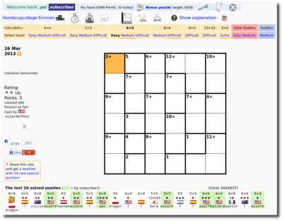 Online puzzle site with many features<br>including <a href='https://www.calcudoku.org/killersudoku'>Killer Sudoku</a> and <a href='https://www.calcudoku.org/printable-sudoku'>printable Sudoku</a><br>C++, Perl, Javascript, PHP